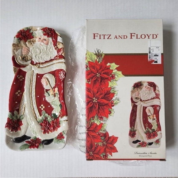 NWT Fitz and Floyd Poinsettia Santa hand painted elongated tray - Picture 2 of 5
